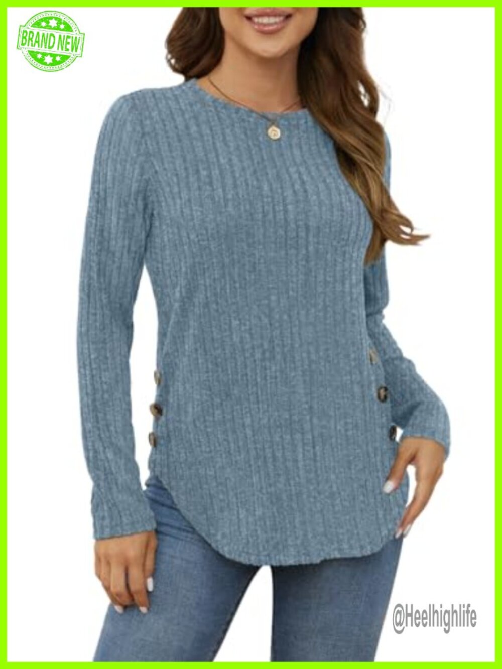 Ribbed Knit Long Sleeve Tunic Top Loose Fit Sweater with Buttons